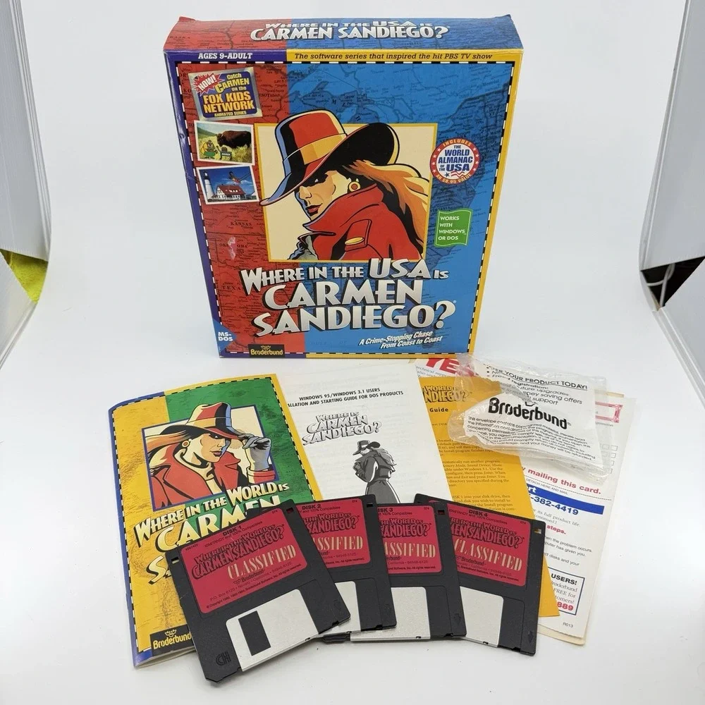Where In The USA Is Carmen Sandiego Box Microsoft IBM PC 4 Floppy Disks Vtg‎